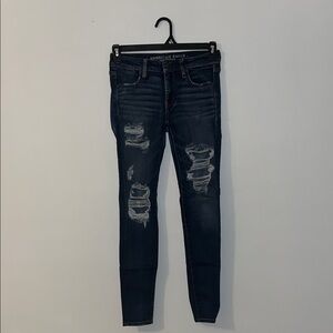 American Eagle Outfitters Women's Dark Blue Ripped Skinny Jeans